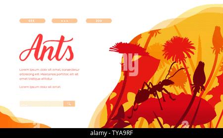 Ant standing on leaf of dandelion in nature. Silhouette of insect crawling along blowball in life environment. Closeup view. Place for text. Vector design for biology, agricultural, ecology projects. Stock Vector