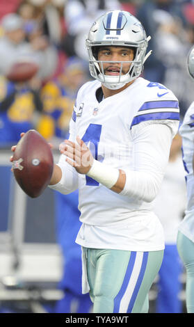 Dallas Cowboys quarterback Dak Prescott throws a pass in the warm ups before their divisional-round playoff game against the Los Angeles Rams at The Coliseum in Los Angeles, California on January 12, 2019. Photo by Lori Shepler/UPI Stock Photo