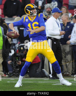 Los Angeles Rams quarterback Jared Goff throws a pass in the warm ups before their divisional-round playoff game against the Dallas Cowboys at The Coliseum in Los Angeles, California on January 12, 2019. Photo by Lori Shepler/UPI Stock Photo
