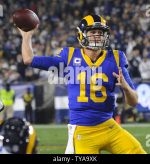 Los Angeles Rams quarterback Jared Goff throws a pass against the Dallas Cowboys in their divisional-round playoff game at The Coliseum in Los Angeles, California on January 12, 2019. Photo by Lori Shepler/UPI Stock Photo