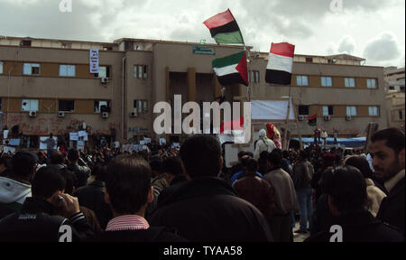 Libyans demonstrate for the removal of Libyan leader Moammar Gaddafi on February 25, 2011 in Benghazi, Libya. Benghazi residents mourned more victims of the violence as fighting continued around the capitol Tripoli.  UPI Stock Photo