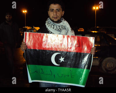 Libyans demonstrate for the removal of Libyan leader Moammar Gaddafi on February 25, 2011 in Benghazi, Libya. Euphoria in Libya's second city Benghazi gave way to growing concern that it remains vulnerable to a counter-attack by Gaddafi's forces.   UPI Stock Photo