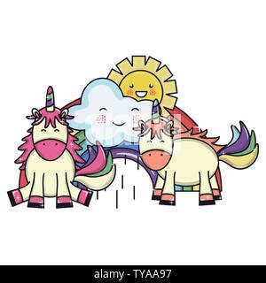cute unicorns in rainbow with clouds and sun kawaii characters vector illustration Stock Vector