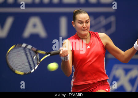 Nadia Petrova of Russia returns a forehand during her second round win over Sofia Arvidsson of Sweden, 6-3, 6-3 at the Generali Ladies Linz Open in Linz, Austria on October 27, 2005.  (UPI Photo/Tom Theobald) Stock Photo