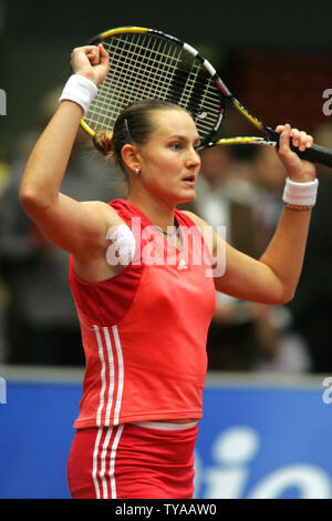 Nadia Petrova of Russia celebrates winning a semifinal match over Kveta Peschke of the Czech Republic, 6-3, 6-4 at the Generali Ladies Linz Open in Linz, Austria on October 29, 2005.  Finals are tomorrow, October 30, 2005 for this WTA women's tennis tournament.  (UPI Photo/Tom Theobald) Stock Photo