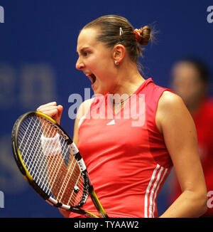Nadia Petrova of Russia celebrates a point in the final game before winning the semifinal match over Kveta Peschke of Czech Republic, 6-3, 6-4 at the Generali Ladies Linz Open in Linz, Austria on October 29, 2005.  Finals are tomorrow, October 30, 2005 for this WTA women's tennis tournament.  (UPI Photo/Tom Theobald) Stock Photo