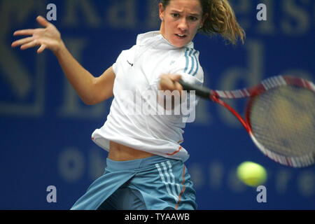 Patty Schnyder of Switzerland returns a forehand during her singles final loss to Nadia Petrova of Russia, 4-6, 6-3, 6-1 at the Generali Ladies Linz Open in Linz, Austria on October 30, 2005.   (UPI Photo/Tom Theobald) Stock Photo