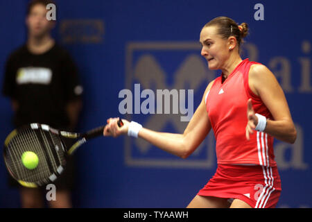 Nadia Petrova of Russia returns a forehand during her singles final win over Patty Schnyder of Switzerland, 4-6, 6-3, 6-1 at the Generali Ladies Linz Open in Linz, Austria on October 30, 2005.   (UPI Photo/Tom Theobald) Stock Photo