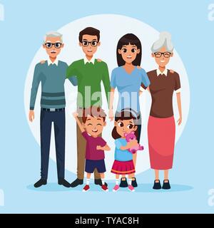 Family grandparents, parents and kids cartoons Stock Vector