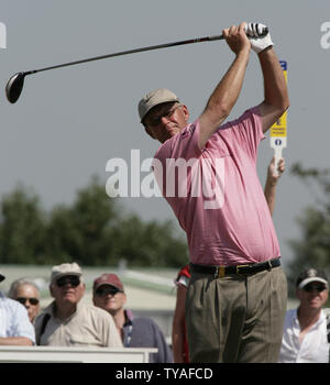 Scotland's Sandy Lyle drives the ball during his practice round at the Royal Liverpool golf club in the 135th British Open championship in Hoylake on July 19, 2006. (UPI Photo/Hugo Philpott) Stock Photo