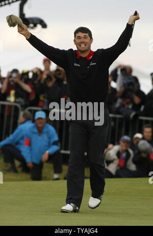 Sergio Garcia, celebrates his win on the 30th hole, which he halved ...