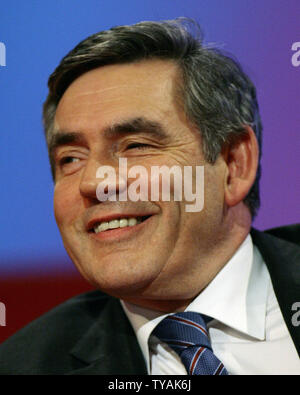 Britain's Prime Minister Gordon Brown answers questions from journalist Mariella Frostrup and delegates at the annual Labour party conference in Bournemouth, Great Britain, on September 26, 2007.    (UPI Photo/Hugo Philpott) Stock Photo