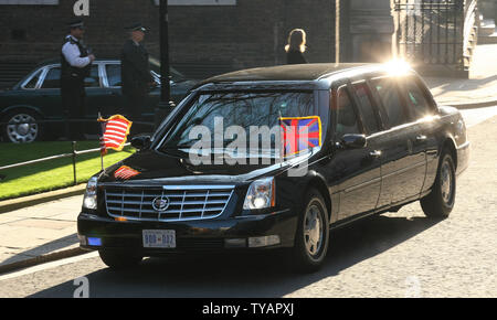 The limousine of American President Barack Obama and Michelle Obama arrives at No.10 Downing St on the eve of the G20 summit in London on Wednesday April 1, 2009. (UPI Photo/Hugo Philpott) Stock Photo