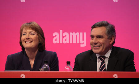 Britain's Prime Minister Gordon Brown Smiles with Deputy Leader Harriet Harman during the final day of the 2009 Labour Party Conference in Brighton on Thursday October 01 2009.    UPI/Hugo Philpott. Stock Photo