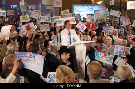 Conservative leader David Cameron speaks to party supporters at the last rally of his general election campaign in Bristol, England on May 5, 2010. UPI/Hugo Philpott Stock Photo