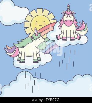 cute adorable unicorns with clouds rainy and rainbow characters vector illustration Stock Vector