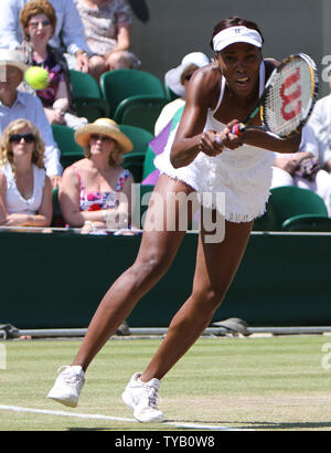 American Venus Williams plays a forehand in her match with Australian Jamila Groth on the seventh day of the Wimbledon championships in Wimbledon on June 28, 2010.Williams beat Groth 6-4,7-6.  UPI/Hugo Philpott Stock Photo