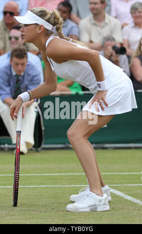 Russian Anna Kournikova plays in her invitational match with partner Swiss Martina Hingis at the Wimbledon championships in Wimbledon on June 29, 2010.    UPI/Hugo Philpott Stock Photo