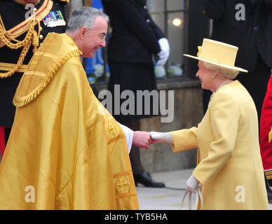 Queen Elizabeth II arrives for the royal wedding between Prince William and Kate Middleton at Westminster Abbey in London on April 29, 2011.  UPI/Kevin Dietsch Stock Photo