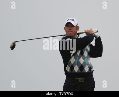 England's Lee Westwood tees off on the 12th hole on the first day of the 140th Open Championship at Royal St Georges Golf club in Sandwich, England on Thursday, July 14, 2011.      UPI/Hugo Philpott Stock Photo