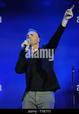 British singer Gary Barlow from pop group Take That perfoms at 'Radio 2 Live In Hyde Park'  in London on September 11, 2011.     UPI/Rune Hellestad Stock Photo