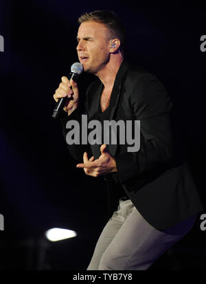 British singer Gary Barlow from pop group Take That perfoms at 'Radio 2 Live In Hyde Park'  in London on September 11, 2011.     UPI/Rune Hellestad Stock Photo