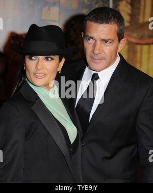 Mexican actress Salma Hayek and Spanish actor Antonio Banderas attend the premiere of  'Puss In Boots' at Empire, Leicester Square in London on November 24, 2011.     UPI/Rune Hellestad Stock Photo