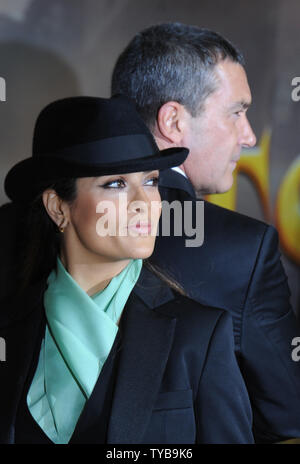 Mexican actress Salma Hayek and Spanish actor Antonio Banderas attend the premiere of  'Puss In Boots' at Empire, Leicester Square in London on November 24, 2011.     UPI/Rune Hellestad Stock Photo