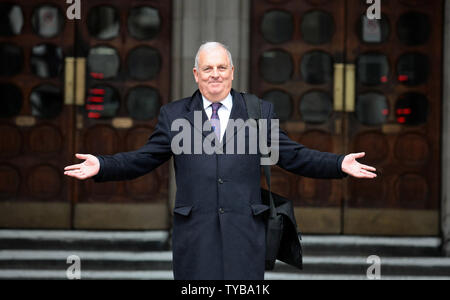 Former Editor of the British tabloid newspaper 'The Sun' Kelvin Mackenzie leaves the Royal Courts of Justice after giving evidence at the Leveson Inquiry in London on Monday, January 09 2012. The Leveson Inquiry continues to look into the standards of the British Press and phone hacking practices which forced the closure of the 'News of the World.     UPI/Hugo Philpott Stock Photo
