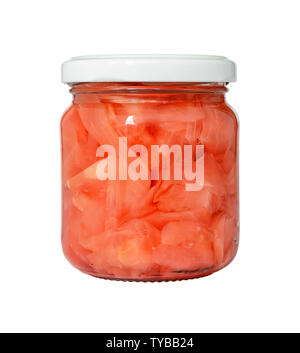 Pink pickled ginger in a glass jar with a white lid isolated on white background. Traditional Japanese condiment for sushi. Healthy eating. Front view Stock Photo
