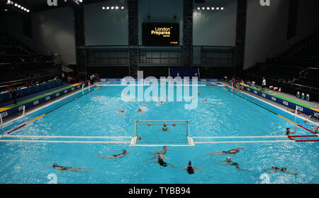 Olympic Water Polo teams take part in the Olympic Water Polo test event in the Olympic Park in Stratford, London on May 2, 2012.       UPI/Hugo Philpott Stock Photo