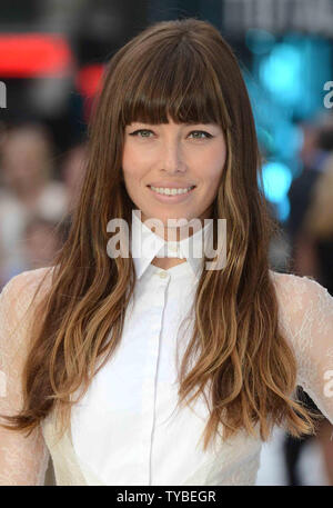 American actress Jessica Biel attends The UK Premiere of 'Total Recall' at The Empire Leicester Square in London on August 16, 2012.     UPI/Paul Treadway.. Stock Photo