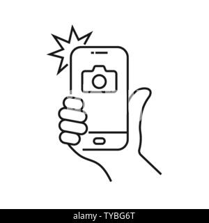 Photo on smartphone with flash, hand is holding smartphone and doing photo. Camera viewfinder, hand and flash. Editable Stroke. EPS 10 Stock Vector