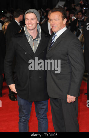 Austrian/American actor Arnold Schwarzenegger and his son Patrick Schwarzenegger attend the European premiere of 'Last Stand' at The Odeon West End, in London on January 22, 2013.     UPI/Paul Treadway Stock Photo