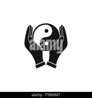 Vector illustration, flat design. Hands holding yin yang icon Stock Vector