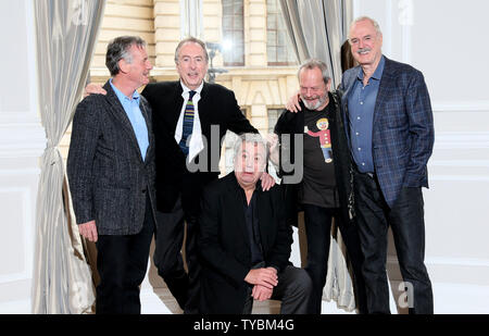 The Monty Python gang of (L-R) Michael Palin, Eric Idle,Terry Jones, Terry Gilliam and John Cleese attend a photocall to publicize a a reunion show at the Corinthia Hotel in London, Thursday, November 21, 2013.   The event at London's O2 arena is billed as a single event, but they say other shows are possible.   UPI/Hugo Philpott Stock Photo