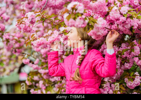 Kid on pink flowers of sakura tree background. Kid enjoying pink cherry blossom. Tender bloom. Pink is the most girlish color. Bright and vibrant. Pink is my favorite. Little girl enjoy spring. Stock Photo