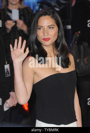 American actress Olivia Munn attends the World premiere of 'Robocop' at The BFI Imax in London on February 5, 2014.     UPI/Paul Treadway Stock Photo
