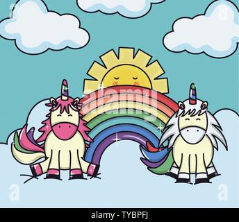 cute adorable unicorns with clouds sunny and rainbow vector illustration design Stock Vector