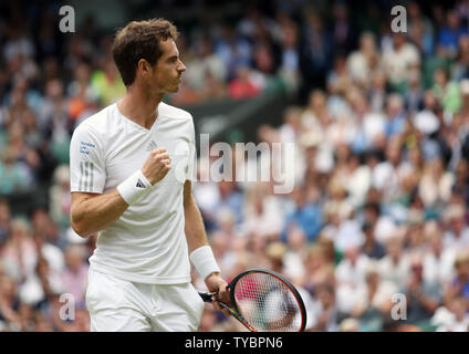 Britain's Andy Murray celebrates a point in his match against South African Kevin Anderson on day seven of the 2014 Wimbledon Championships in London on June 30, 2014.     UPI/Hugo Philpott Stock Photo