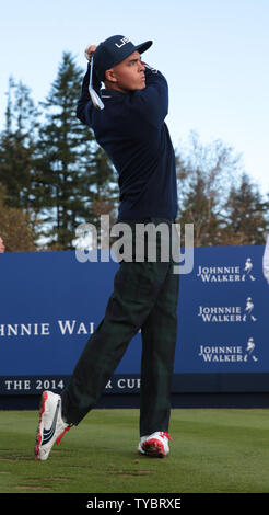 USA's Rickie Fowler tees off in the morning fourball match against Europe's Rory Mcllroy and Ian Poulter on the second day of the 2014 Ryder Cup in Gleneagles,Scotland on September 27, 2014.The match was halved.     UPI/Hugo Philpott Stock Photo