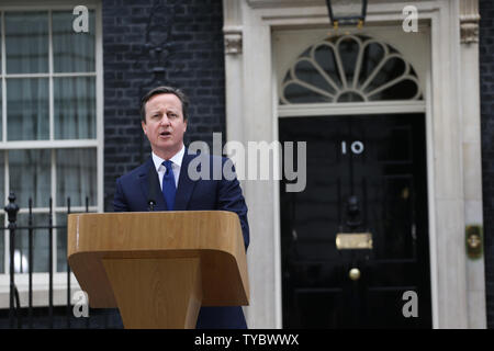 British Prime Minister David Cameron announces the beginning of his election campaign to get re-elected as Prime Minister and serve a further five year term at No.10 Downing St, London on March 30 2015. Election day falls on May 09 2015.   UPI/Hugo Philpott Stock Photo