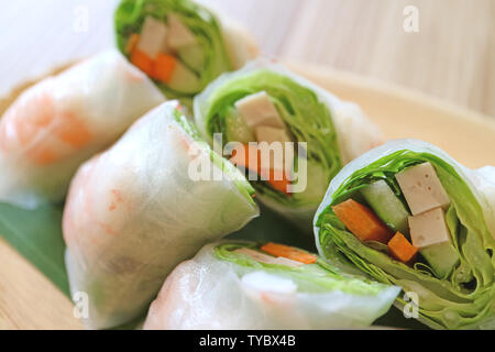Closeup of Vietnamese Prawn and Vegetable Fresh Spring Rolls Stock Photo