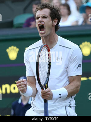 Great Britain's Andy Murray reacts in his match against Italy's Andreas Seppi on day Six of the 2015 Wimbledon championships, London on July 04, 2015.     Photo by Hugo Philpott/UPI. Stock Photo