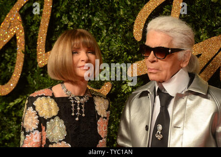 American editor Anna Wintour and German designer Karl Lagerfeld attend the British Fashion Awards at The Coliseum in London on November 23, 2015. Photo by Rune Hellestad/ UPI Stock Photo