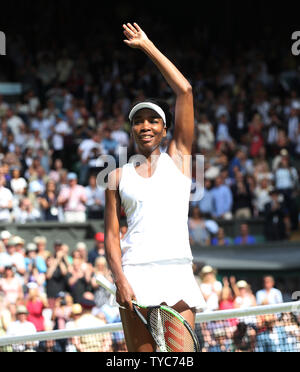 American Venus Williams celebrates victory over Great Britain's Johanna Konta in the Women's Semi-Finals of the 2017 Wimbledon championships, London on July 13, 2017. Williams beat Konta 6-4,6-2. to advance to the Womens Final on Saturday.     Photo by Hugo Philpott/UPI Stock Photo
