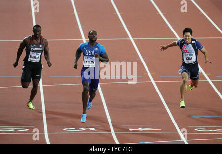 American Justin Gatlin wins his heat in the 100 metres at the 2017 IAAF World Athletics Championships at the Olympic Stadium, London on August 04, 2017.    Photo by Hugo Philpott/UPI Stock Photo