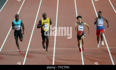 Jamaican Usain Bolt wins his heat in the 100 metres at the 2017 IAAF World Athletics Championships at the Olympic Stadium, London on August 04, 2017.Bolt won in a time of 10.07 seconds.    Photo by Hugo Philpott/UPI Stock Photo