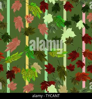 Maple Leaves Vector Seamless Pattern autumn style - striped red, green and ginger yellow colors. Green Background and texture decoration Stock Vector