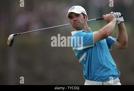 Team Europe's Paul Casey watches his tee shot on the 15th hole in four-ball match play against team USA during the second round of the Ryder Cup at the Valhalla Golf Club in Louisville, Kentucky on September 20, 2008.  (UPI Photo/Mark Cowan) Stock Photo